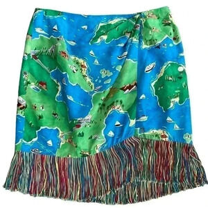Perry Ellis Portfolio Vintage Silk Island Themed Novelty Print Wrap Skirt